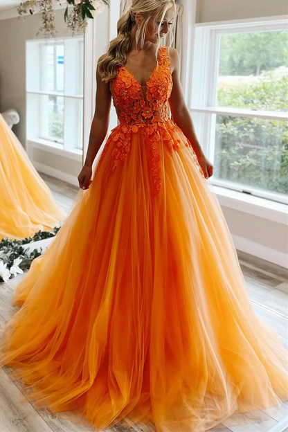 Elegant V Neck Beaded Orange Tulle Long Prom Dresses with Lace Appliques, Orange Lace Formal Graduation Evening Dresses gh1098