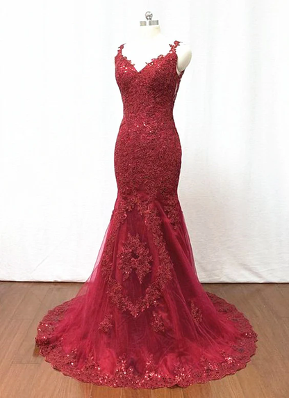 Elegant Burgundy Tulle Lace Long Mermaid Evening Dress, Beautiful Prom Dress   gh440