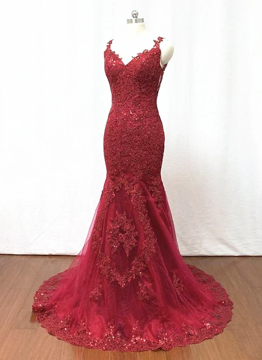 Elegant Burgundy Tulle Lace Long Mermaid Evening Dress, Beautiful Prom Dress   gh440