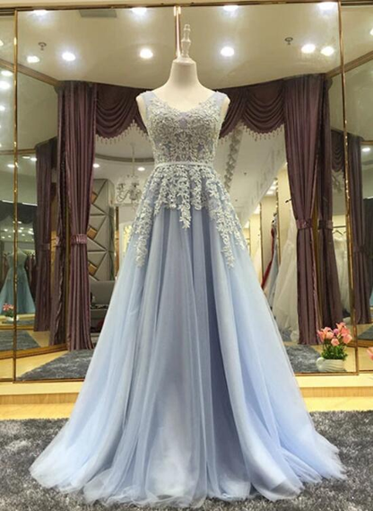 Light Blue V-Neckline Long Prom Dress, Blue Junior Prom Dress  gh464