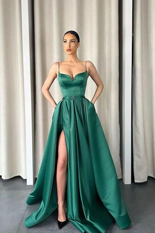 Dark Green Spaghetti-Straps V-Neck Long A-Line Prom Dress With Split gh720