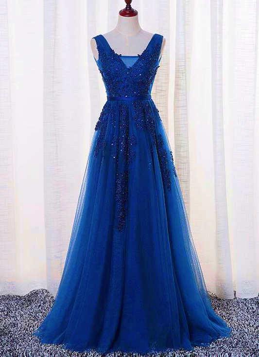 Elegant Blue Lace Applique Long Party Dress, Blue Prom Dress  gh381