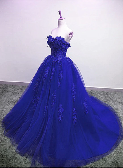 Royal Blue Tulle Strapless Ball Gown Long Prom Dress, Blue Party Dress gh118