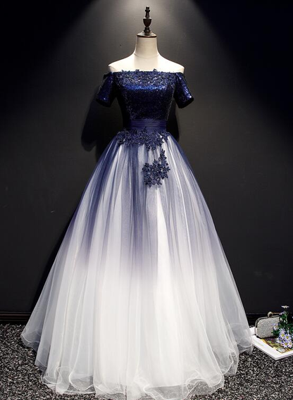 Charming Navy Blue Gradient Tulle With Lace Applique Party Gown, Short Sleeves Formal Dress  gh502