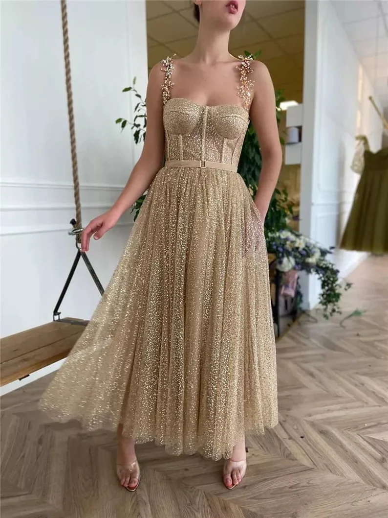 Gold sequin tulle corset fairy starlight gown long ball gown evening dress gh1047