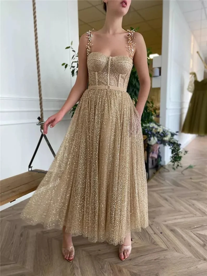 Gold sequin tulle corset fairy starlight gown long ball gown evening dress gh1047