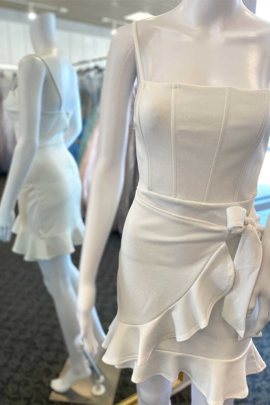 White Spaghetti Straps Ruffle Short Homecoming Dress gh1424