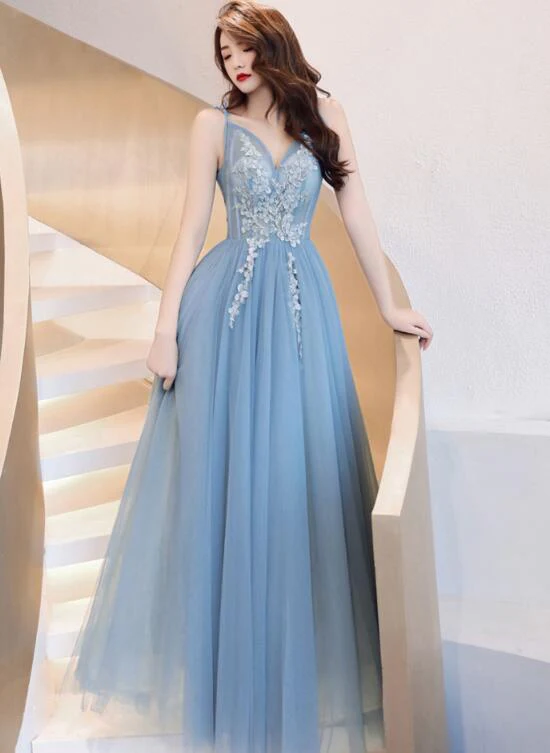 Charming Blue V-Neckline Tulle Party Dress With Staps, Long Prom Dress  gh373