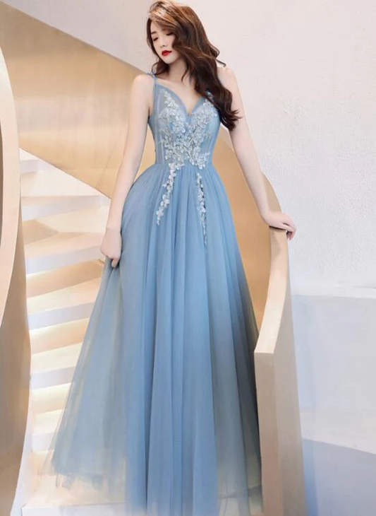 Charming Blue V-Neckline Tulle Party Dress With Staps, Long Prom Dress  gh373