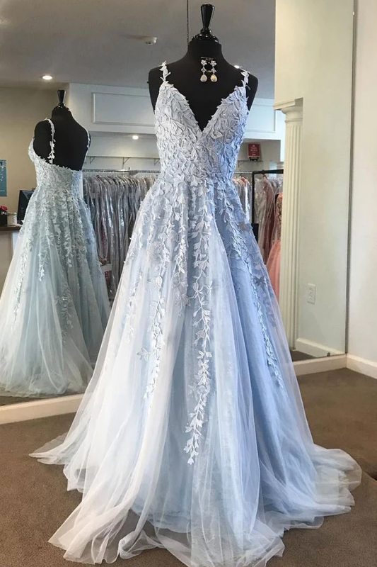 Light blue lace tulle long prom dress, blue formal dress gh1005