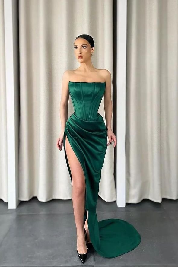 Dark Green Strapless Sleeveless Long Slit Mermaid Prom Dress gh719