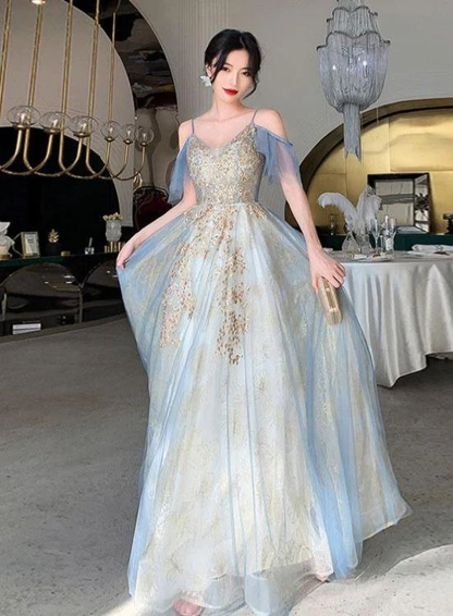 Charming Lace Light Blue V-Neckline Long Prom Dress, A-Line Formal Dress Evening Dress  gh204