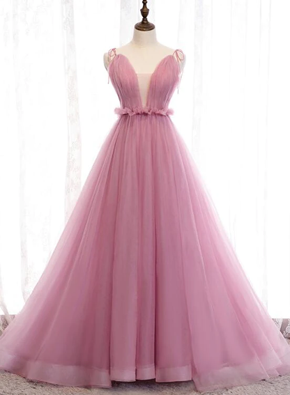 Charming Pink V-Neckline Straps Tulle Long Evening Dress, Pink Prom Dress gh182