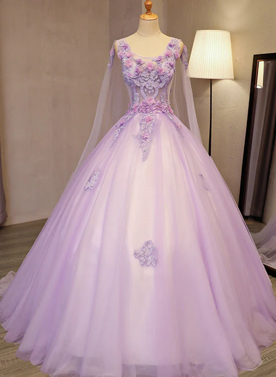 Charming Lavender Tulle Flowers Long Prom Dress, Sweet 16 Gowns  gh380