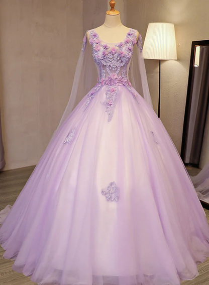 Charming Lavender Tulle Flowers Long Prom Dress, Sweet 16 Gowns  gh380