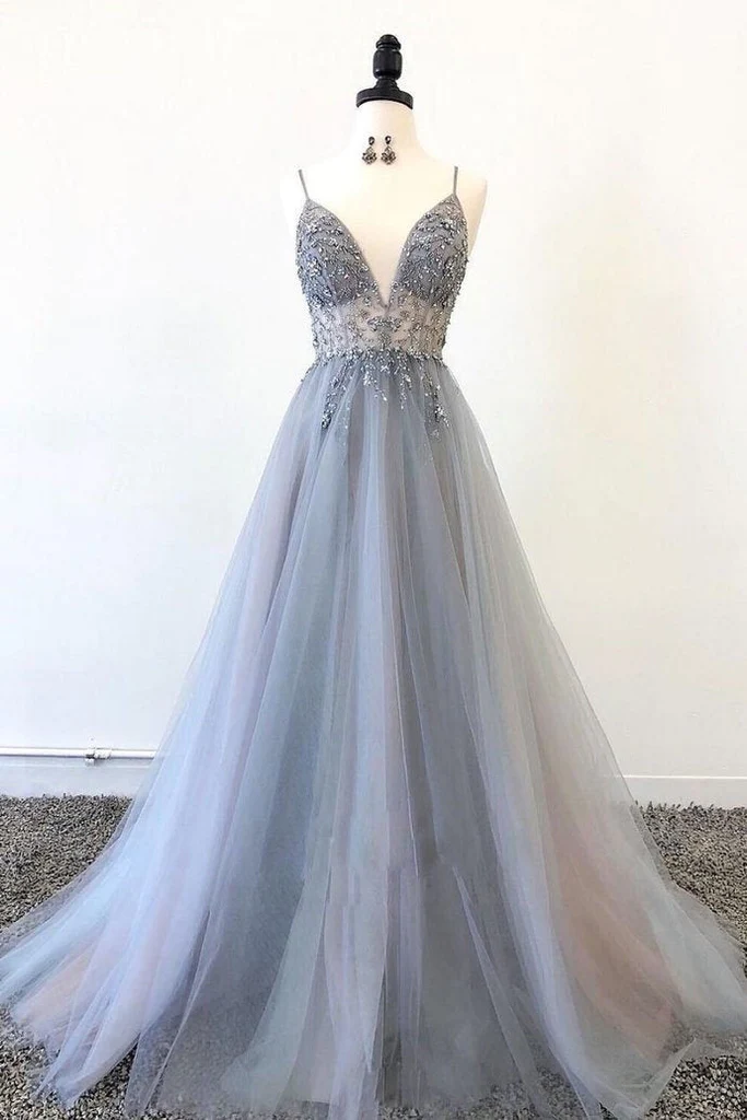 Grey spaghetti strap beaded tulle A-line long ball gown evening dress gh1037