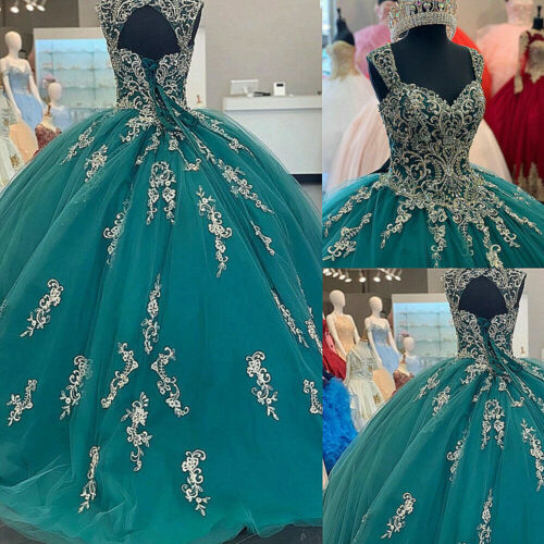 Green Sweetheart Quinceanera Dresses Beaded Appliques Tulle Sweet 16 Ball Gown gh949