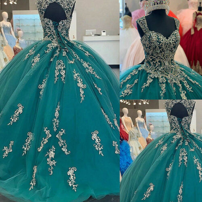 Green Sweetheart Quinceanera Dresses Beaded Appliques Tulle Sweet 16 Ball Gown gh949