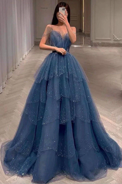 Blue gorgeous sparkling exquisite beaded long tulle ball gown evening dress with rhinestones multi-layered dress gh1001
