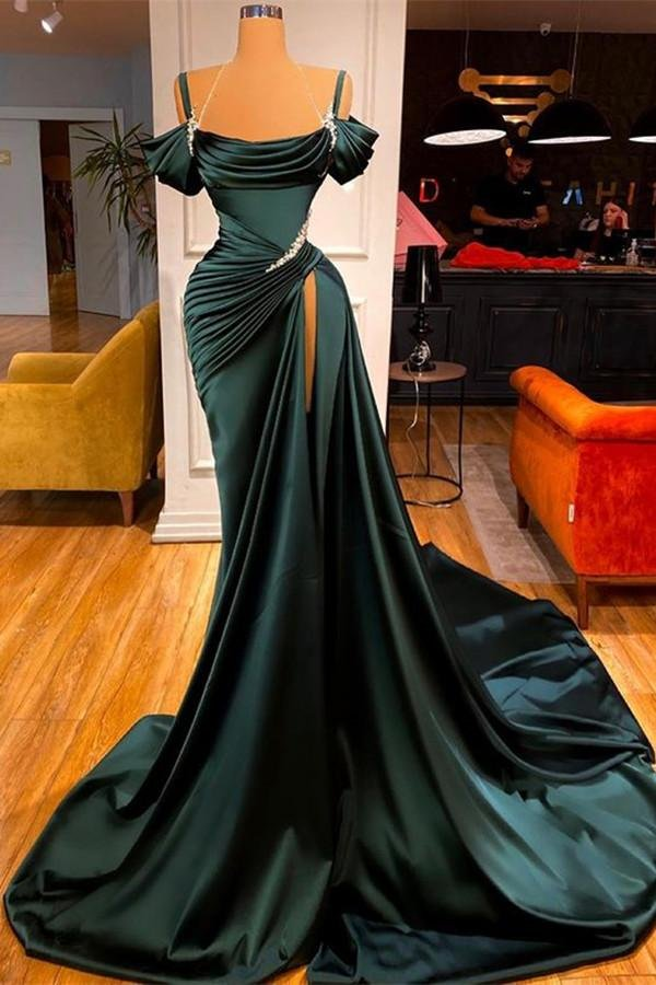 Green Off-the-Shoulder Prom Dress Long Slit gh613