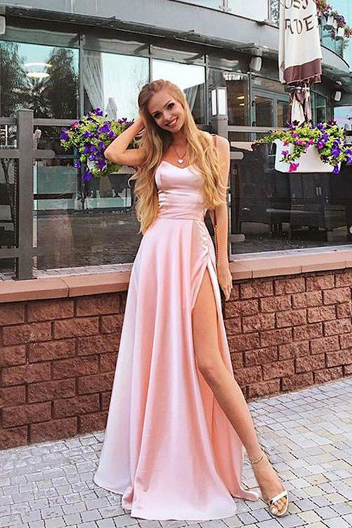 Elegant A Line Sweetheart Spaghetti Straps Chiffon Slit Pink Long Prom Dresses gh873