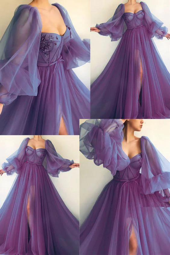 Purple puff sleeves long sleeves long ball gown evening dress gh1075