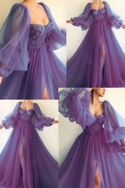 Purple puff sleeves long sleeves long ball gown evening dress gh1075