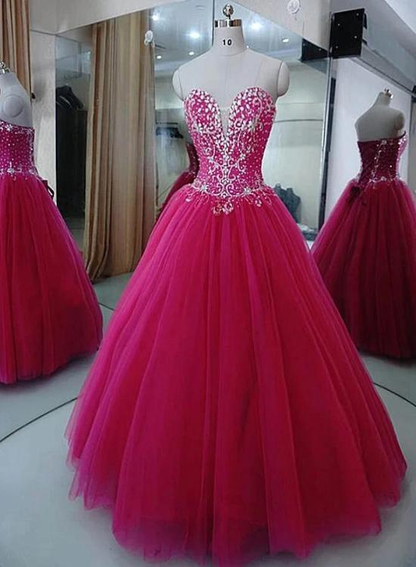 Charming Beaded Fuschia Tulle Ball Gown Party Dress, Sweet 16 Dress gh364