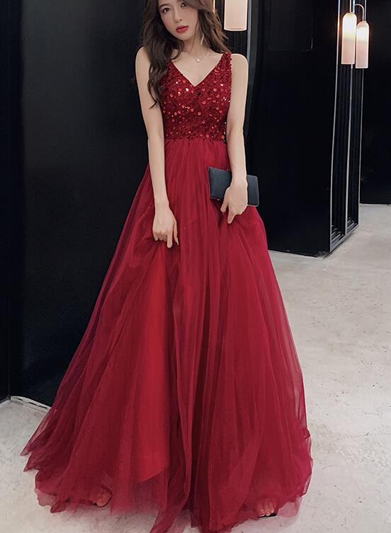 Sexy V-Neckline Wine Red Tulle Floor Length Party Dress, Red Formal Gown  gh404