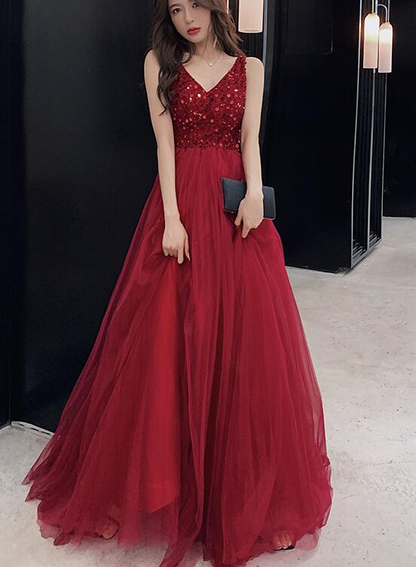 Sexy V-Neckline Wine Red Tulle Floor Length Party Dress, Red Formal Gown  gh404
