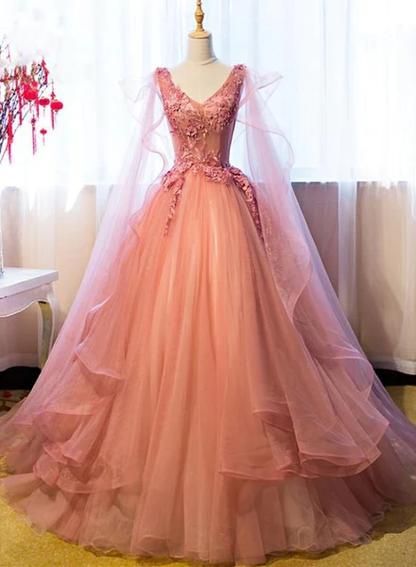 Pink Tulle Sweet 16 Party Dress With Lace Applique, Long Formal Gown gh973
