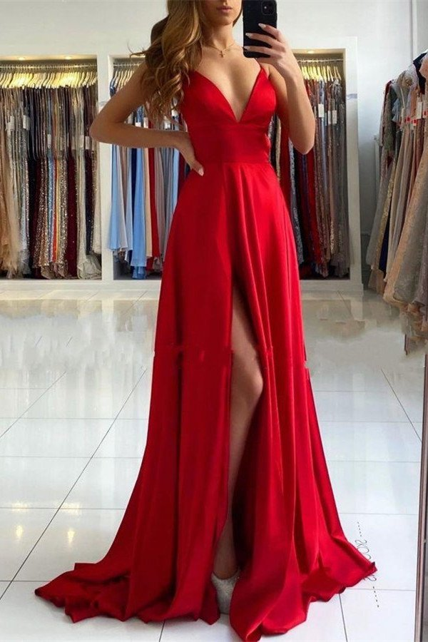 Red V-Neck Prom Dress With Split  gh701