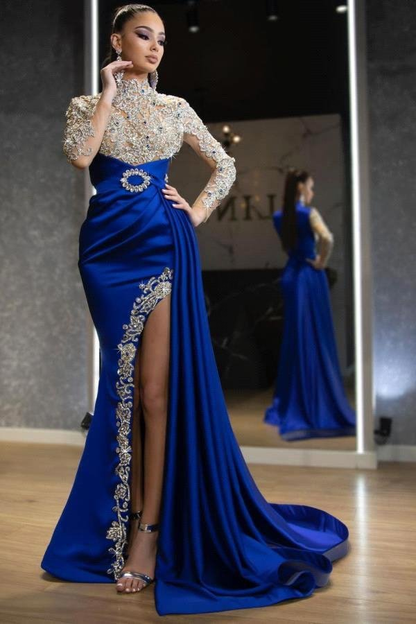 Royal Blue Long Sleeves Beadings Mermaid Prom Dress Split With Ruffles gh760