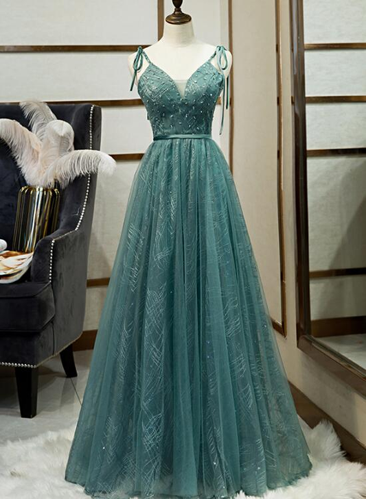 Green Tulle Long Prom Dress, New V-Neckline Straps Long Party Dress gh286
