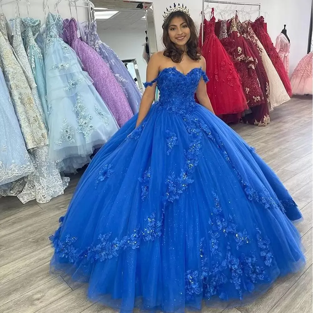 Off-the-shoulder ball gown Quinceanera dress fashion 3D flower tulle sweet 16 years old princess party dress gh948