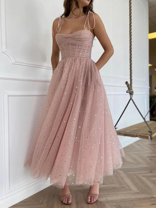 Spaghetti Straps Tea Length Pink Prom Dresses, Tea Length Pink Tulle Formal Homecoming Dresses gh1772