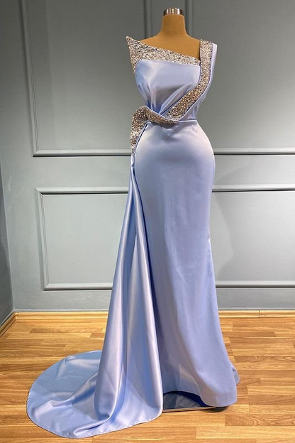 Light Blue One-Shoulder Sleeveless Long Beads Mermaid Prom Dress With Ruffles gh716