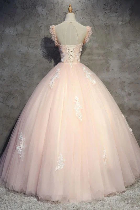 Light Peach Tulle Long Prom Dress With Flowers, Princess Ball Gown Sheer Neck Party Dress gh990