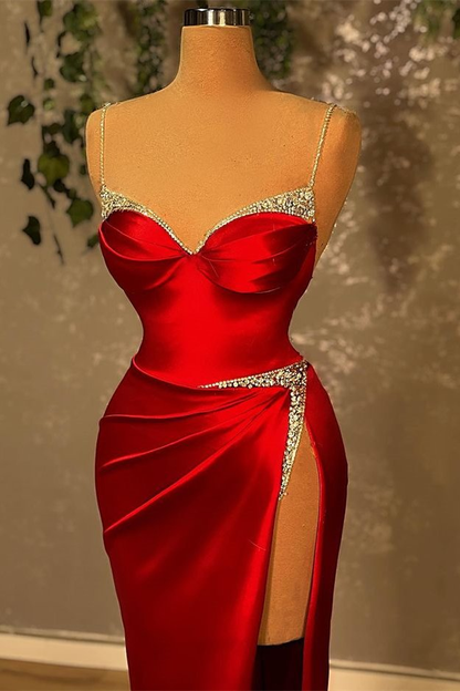 Burgundy Spaghetti-Straps Beadings Mermaid Prom Dress With Split gh771