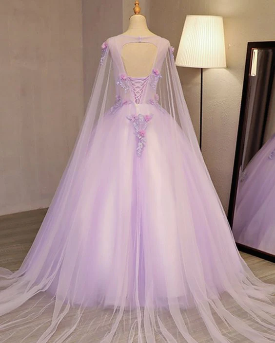 Charming Lavender Tulle Flowers Long Prom Dress, Sweet 16 Gowns  gh380