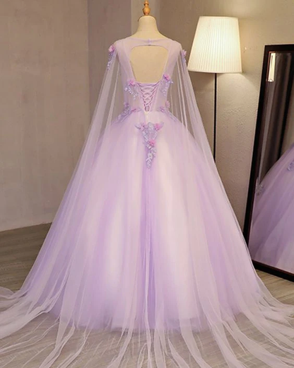 Charming Lavender Tulle Flowers Long Prom Dress, Sweet 16 Gowns  gh380