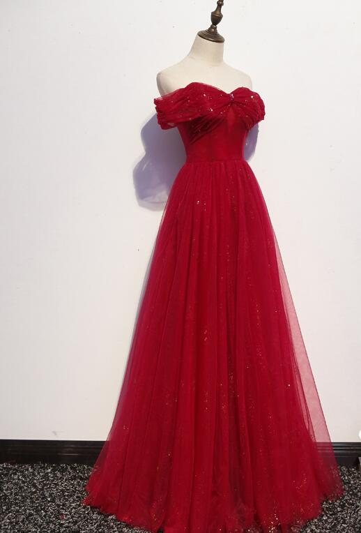 Beautiful Dark Red A-Line Off Shoulder Prom Gown, Wine Red Party Dress  gh402