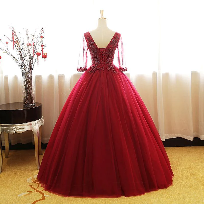 Wine Red 1/2 Sleeves Tulle Formal Gown Long Party Dress gh525