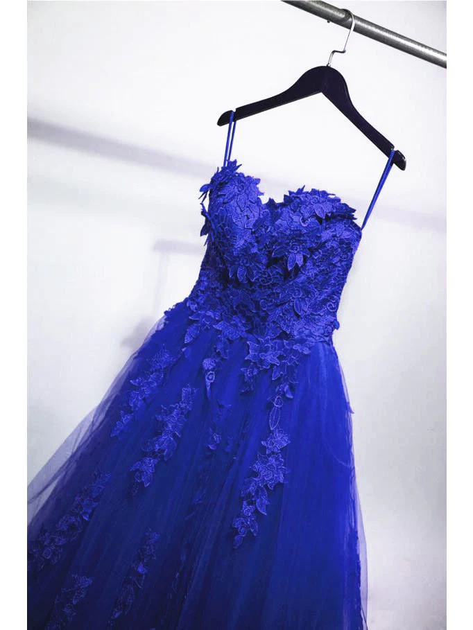 Royal Blue Tulle Strapless Ball Gown Long Prom Dress, Blue Party Dress gh118