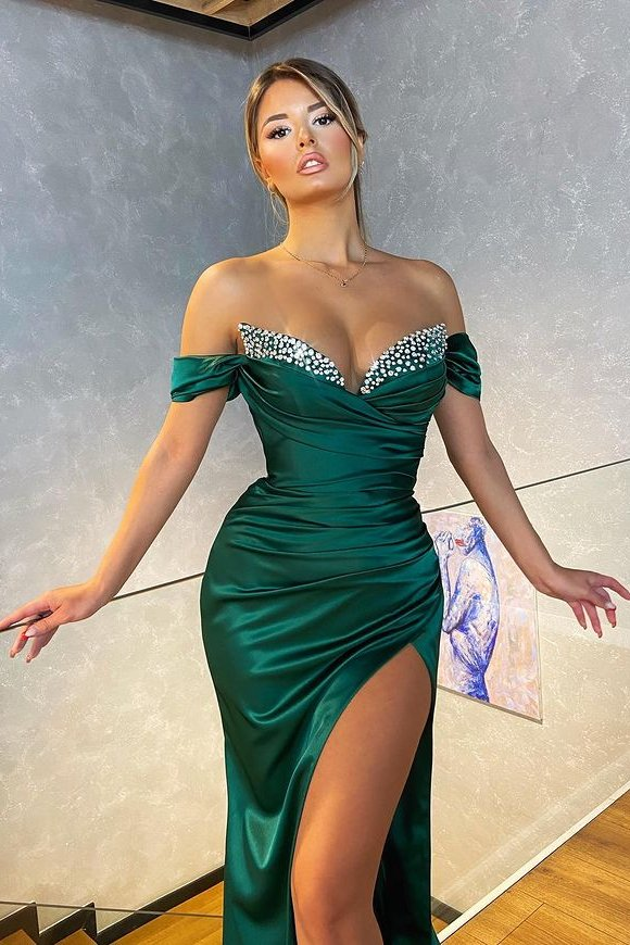 Dark Green Off-the-Shoulder Mermaid Prom Dress Split gh636