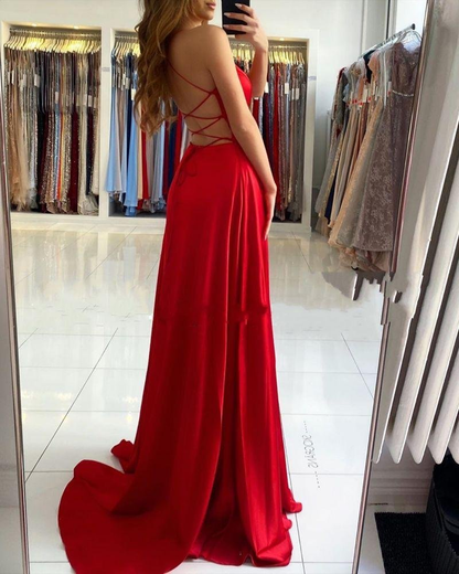 Red V-Neck Prom Dress With Split  gh701