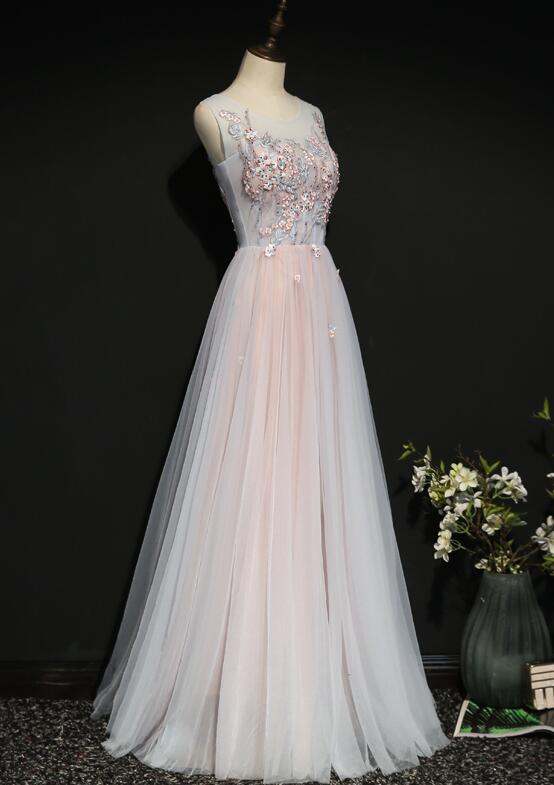 Light Pink Floral Tulle A-Line Prom Dress  Long Party Dress  gh401