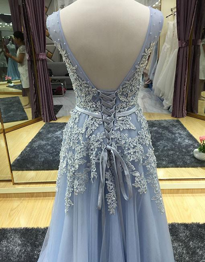 Light Blue V-Neckline Long Prom Dress, Blue Junior Prom Dress  gh464