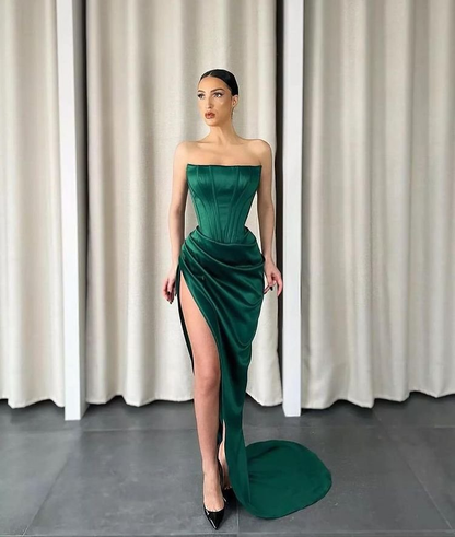 Dark Green Strapless Sleeveless Long Slit Mermaid Prom Dress gh719