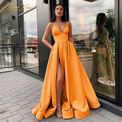 Llyge Sexy V Neck Satin Evening Dresses Spaghetti Strap Side Slit Prom Dress High Waist Evening Gowns Party Dress  gh1012